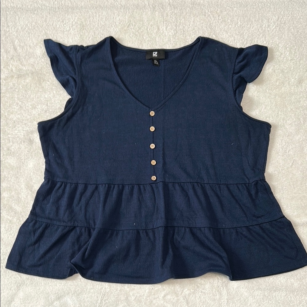 Iz Byer Blue and White Flutter Sleeve Peplum Blouse
